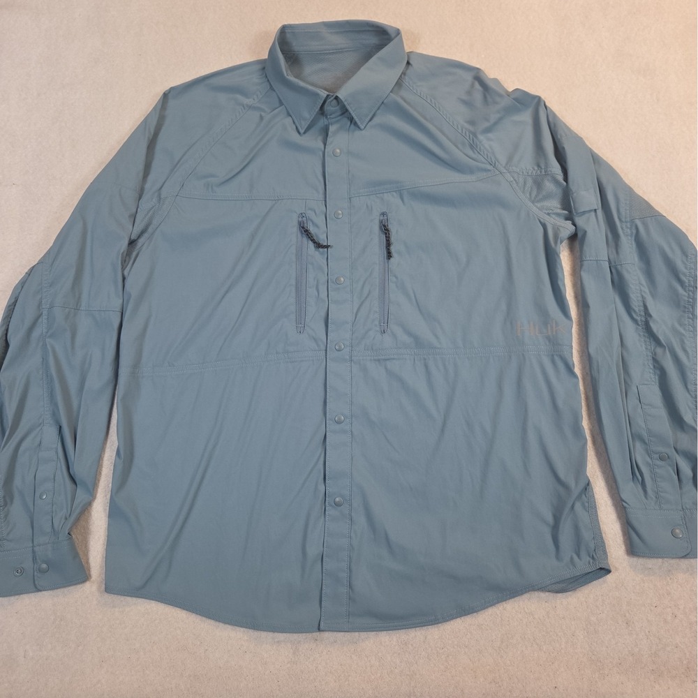 HUK Performance Fishing Tech Hybrid Raglan Shirt Men's Large Snap Blue Gray